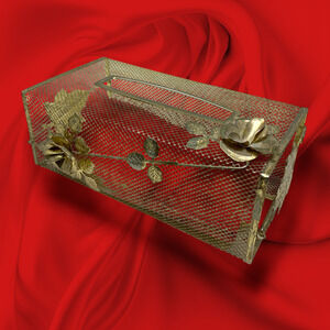 Vtg Hollywood Regency Gold Metal Mesh Tissue Box Cover Holder Floral Roses MCM